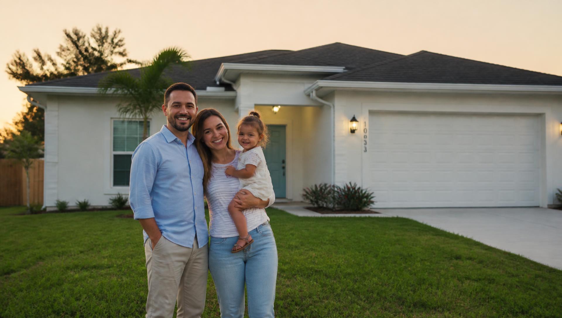 A family standing in front of their newly completed Florida home