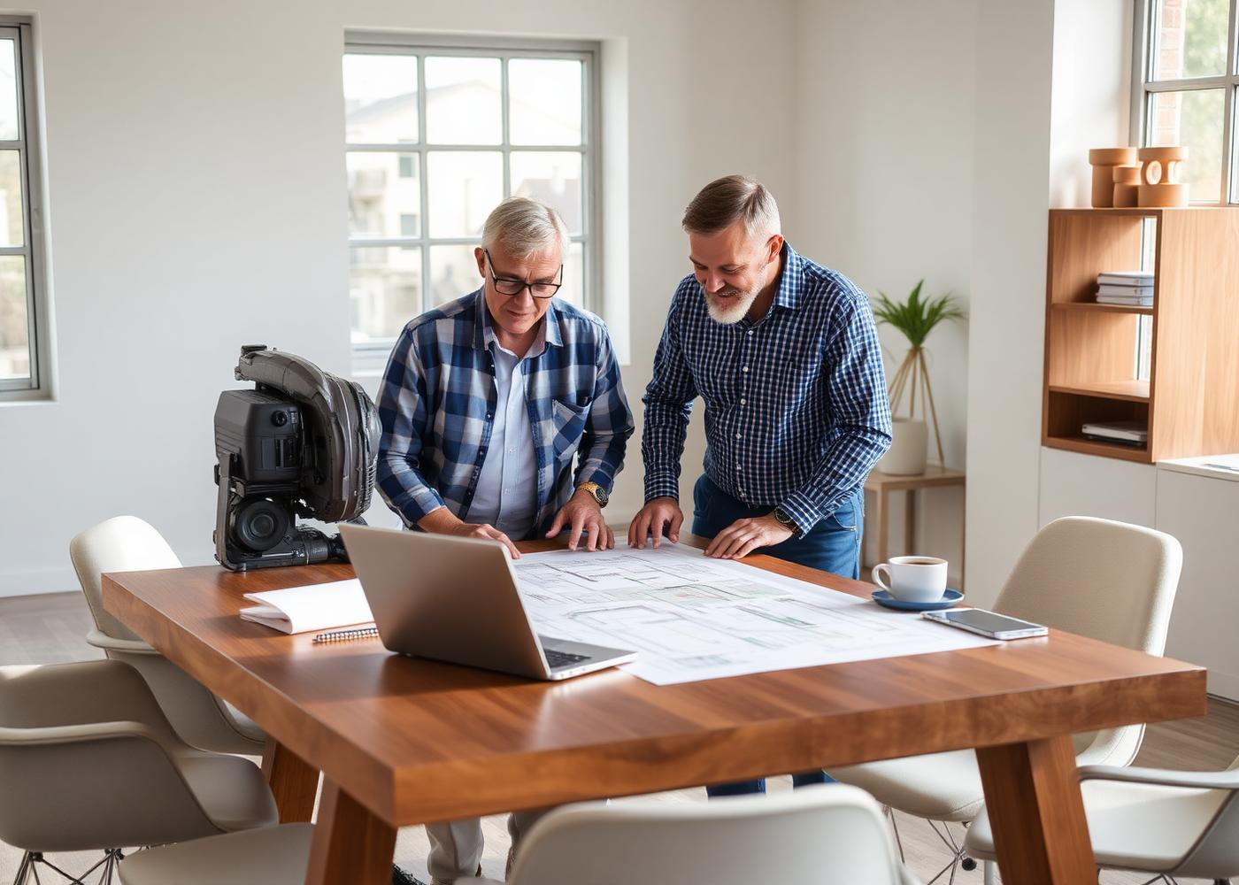Homeowners reviewing architectural drawings with their project manager